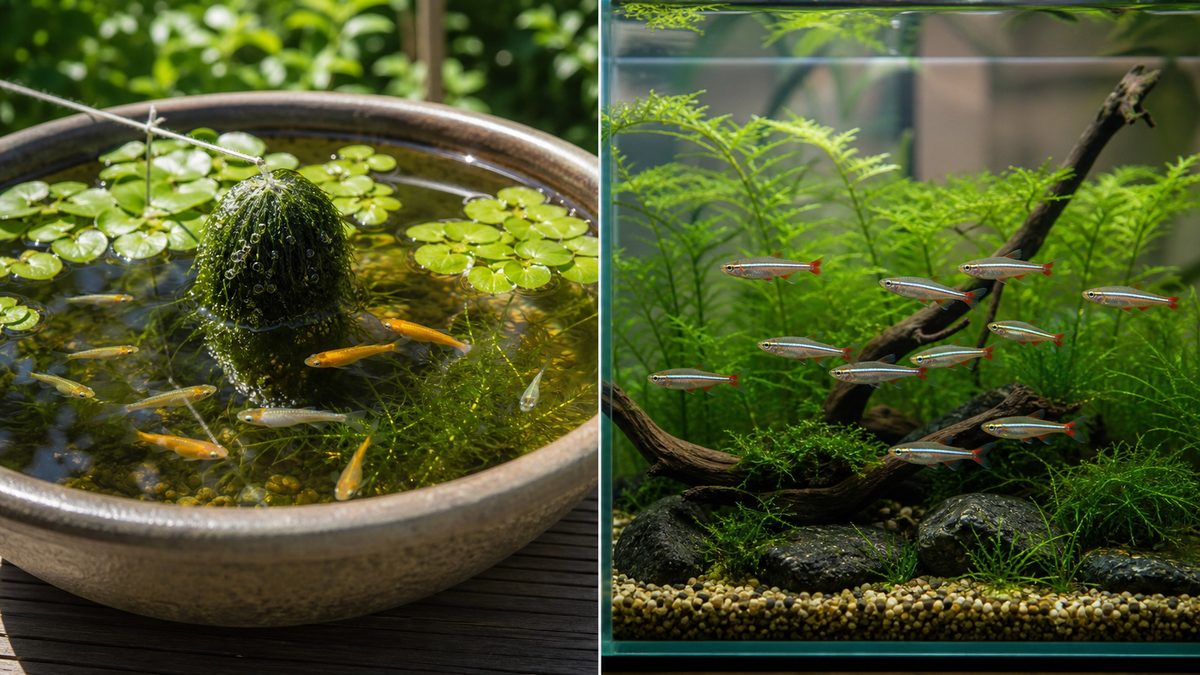 メダカの屋外飼育とアカヒレの室内群泳を比較した画像