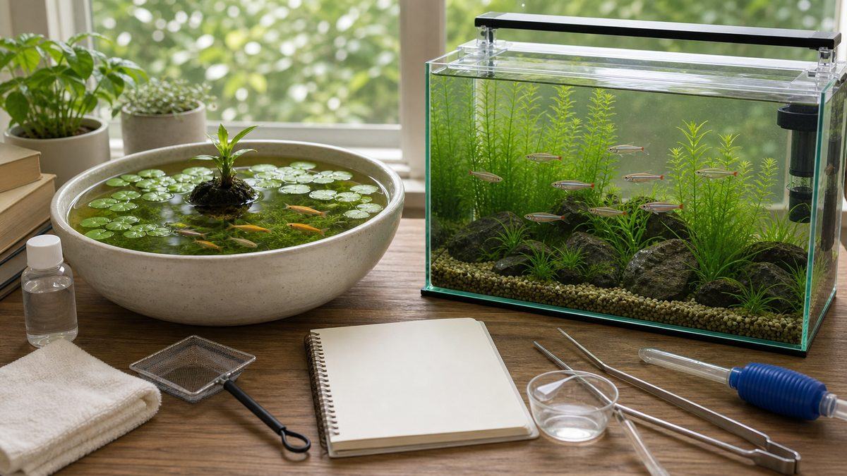 初心者向けのメダカ容器とアカヒレ水槽を比較した画像