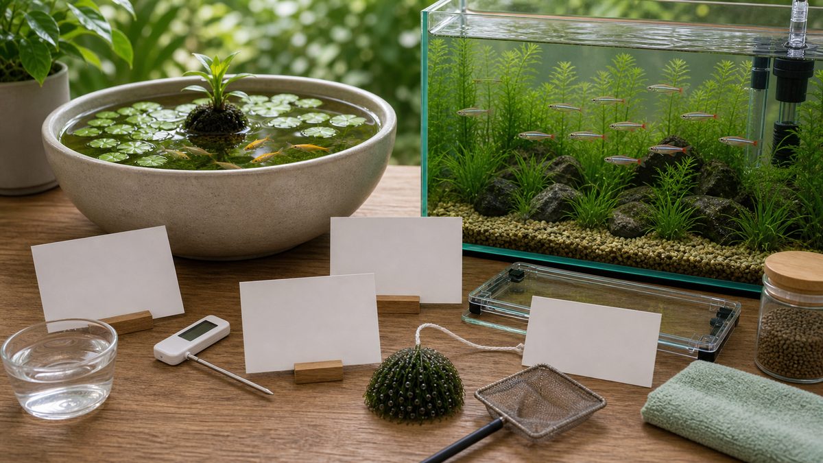 メダカとアカヒレ飼育のFAQを小物で整理した画像