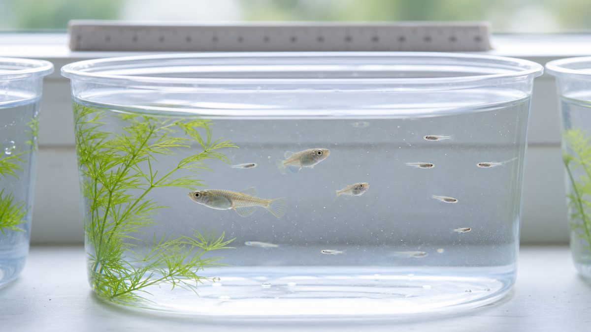 同じ容器内で大きさに差が出たメダカの稚魚を示す画像