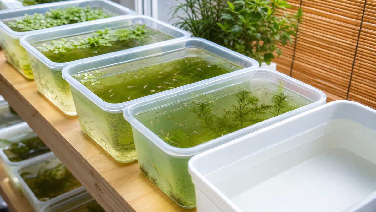 複数のメダカ稚魚容器を並べて密度を下げる管理を示した画像