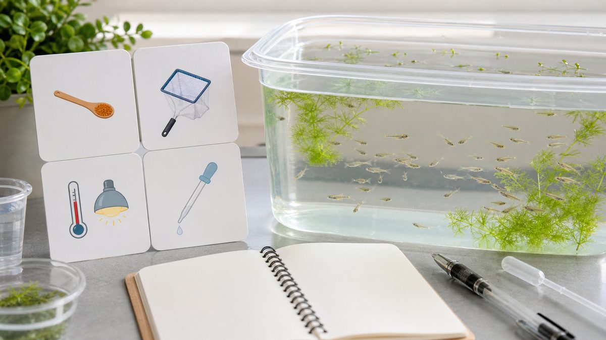 メダカ稚魚の容器と餌、網、温度、足し水のアイコンカードを並べた画像