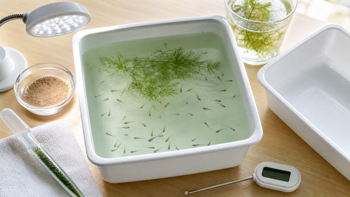 メダカの針子に必要な餌、水温、光、清潔な水、飼育スペースを並べた画像