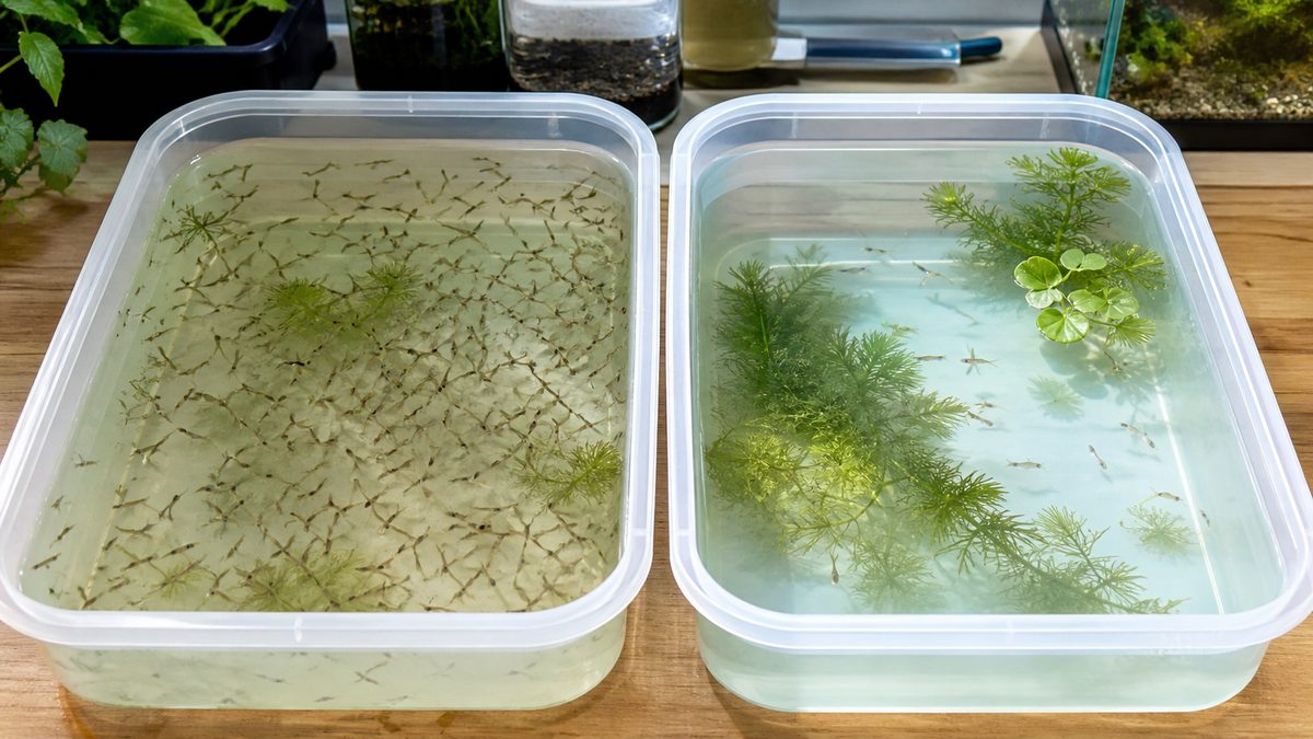 過密なメダカ稚魚容器と余裕のある容器を横並びにした画像