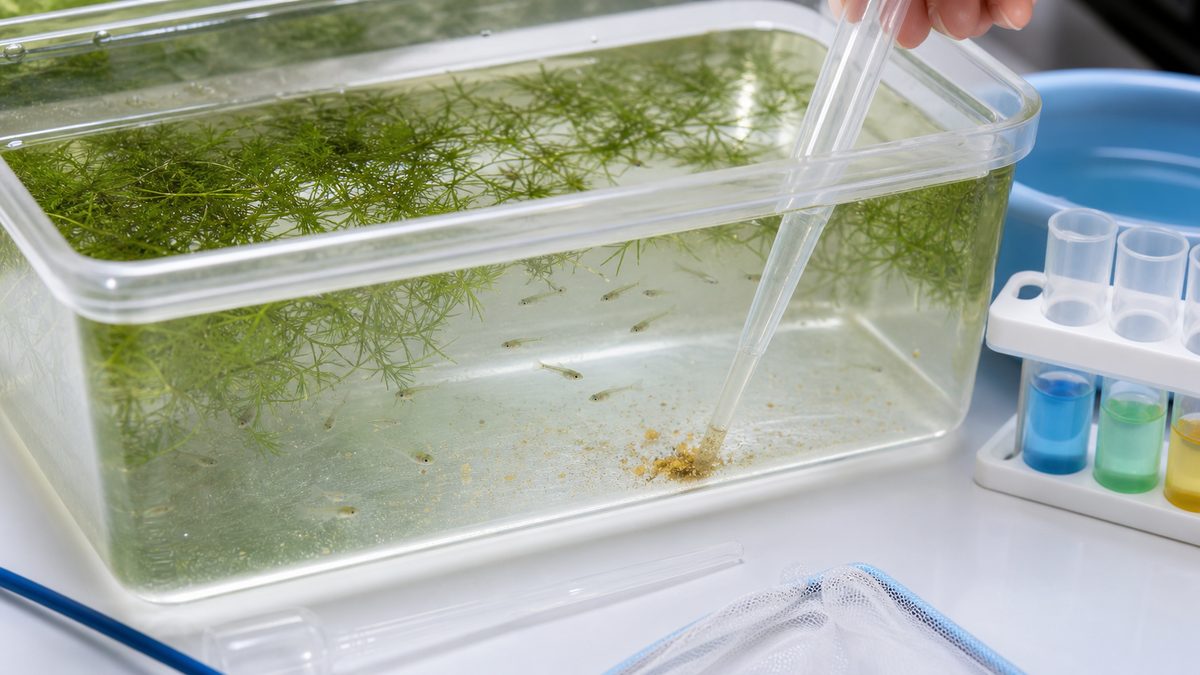 メダカ稚魚容器の食べ残しをスポイトで取り除く画像