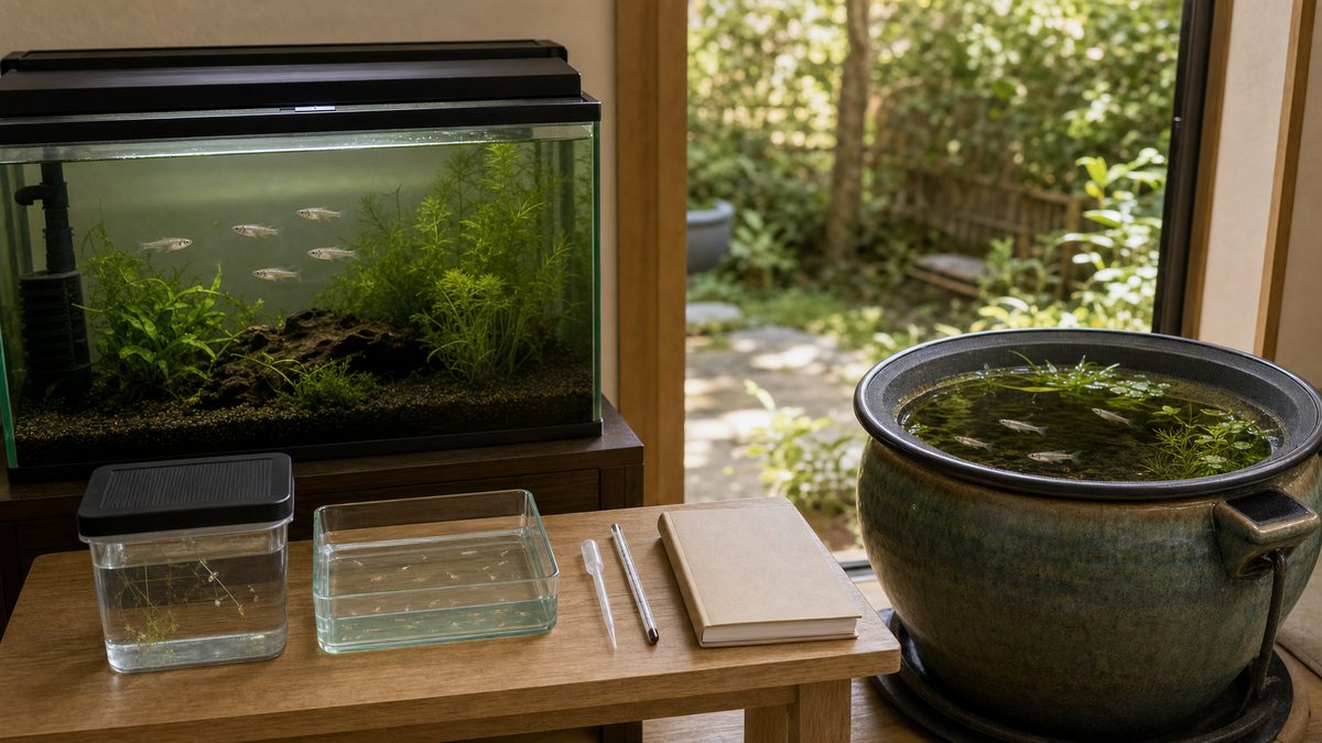 室内水槽と屋外ビオトープで日本産メダカを育てる飼育全体像