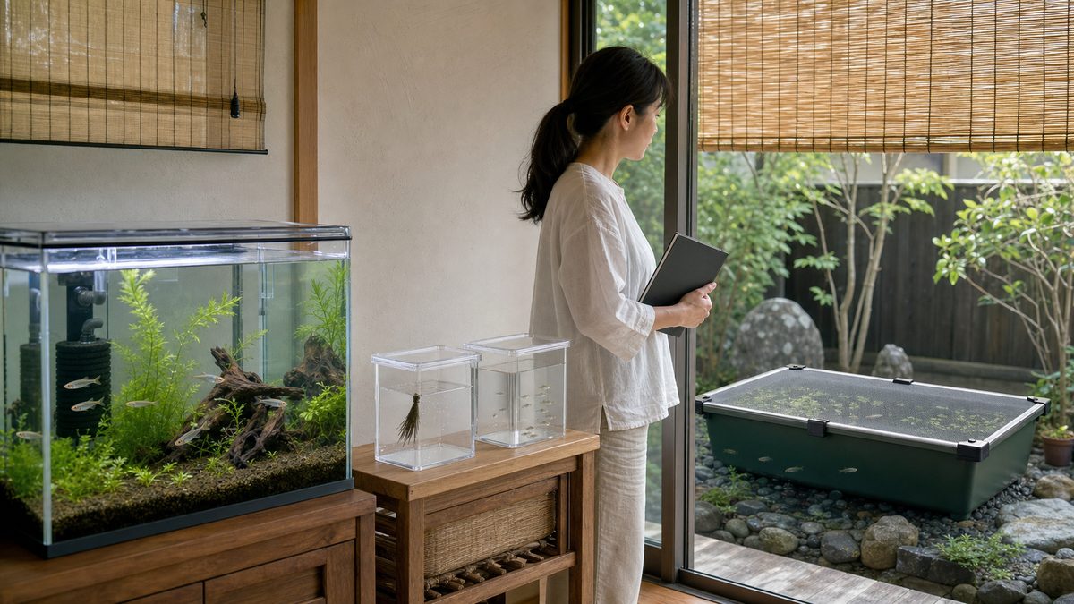 成魚水槽と卵・稚魚容器と屋外ビオトープを確認するメダカ飼育者