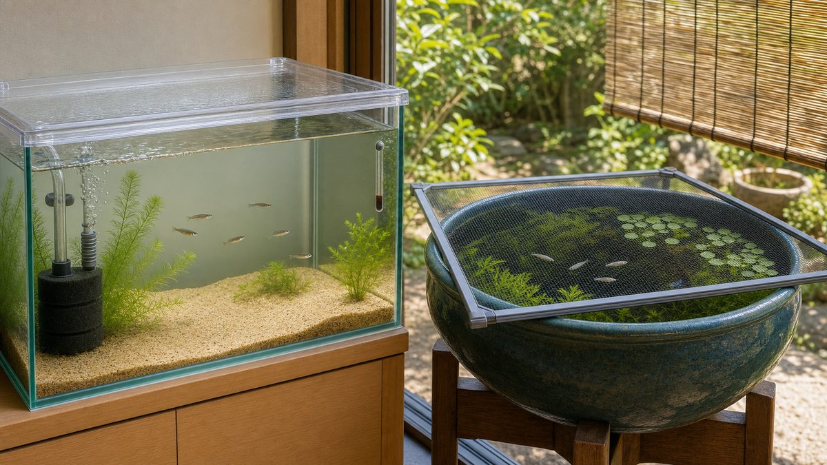 蓋と弱いろ過を備えた室内メダカ水槽と日陰の屋外睡蓮鉢