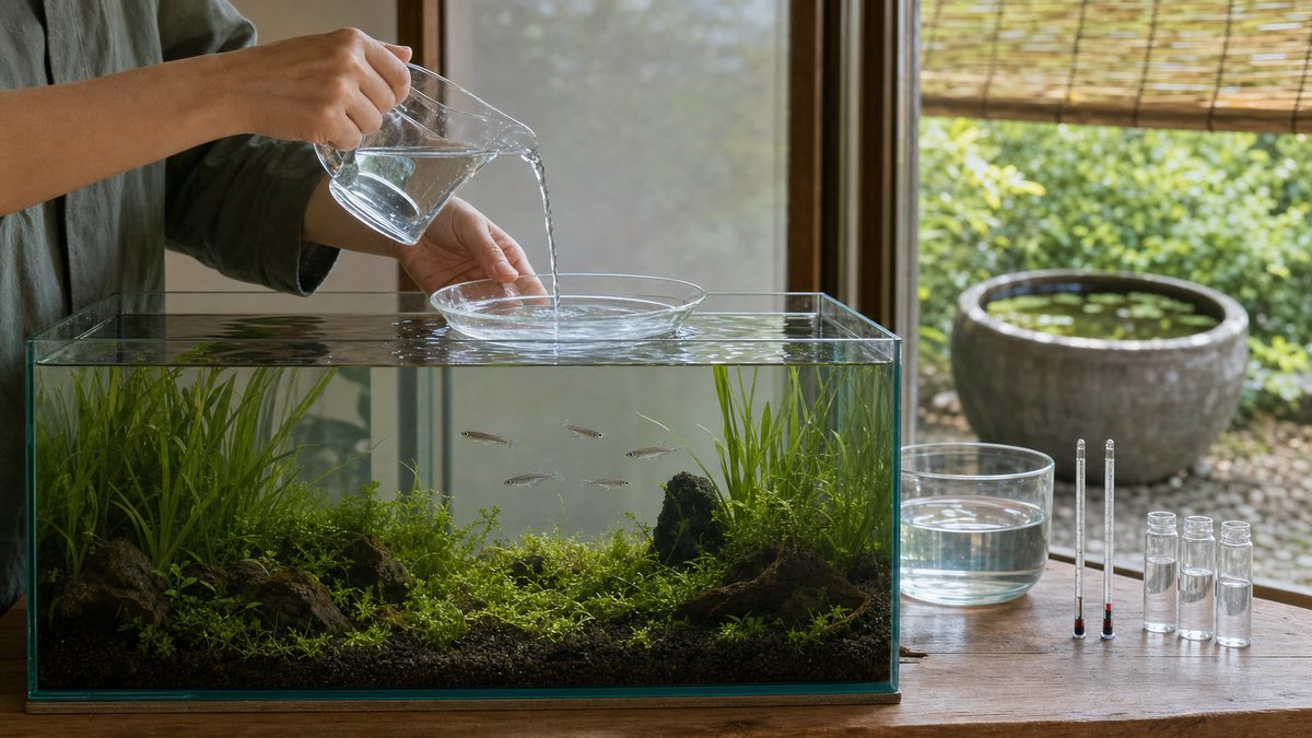 準備水の温度を合わせてメダカ水槽を穏やかに部分換水する様子