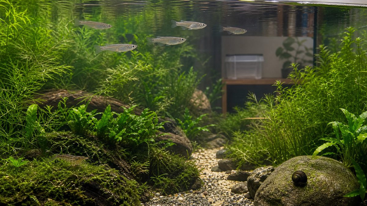 植栽水槽で距離を保つミナミメダカと小型淡水エビと巻貝