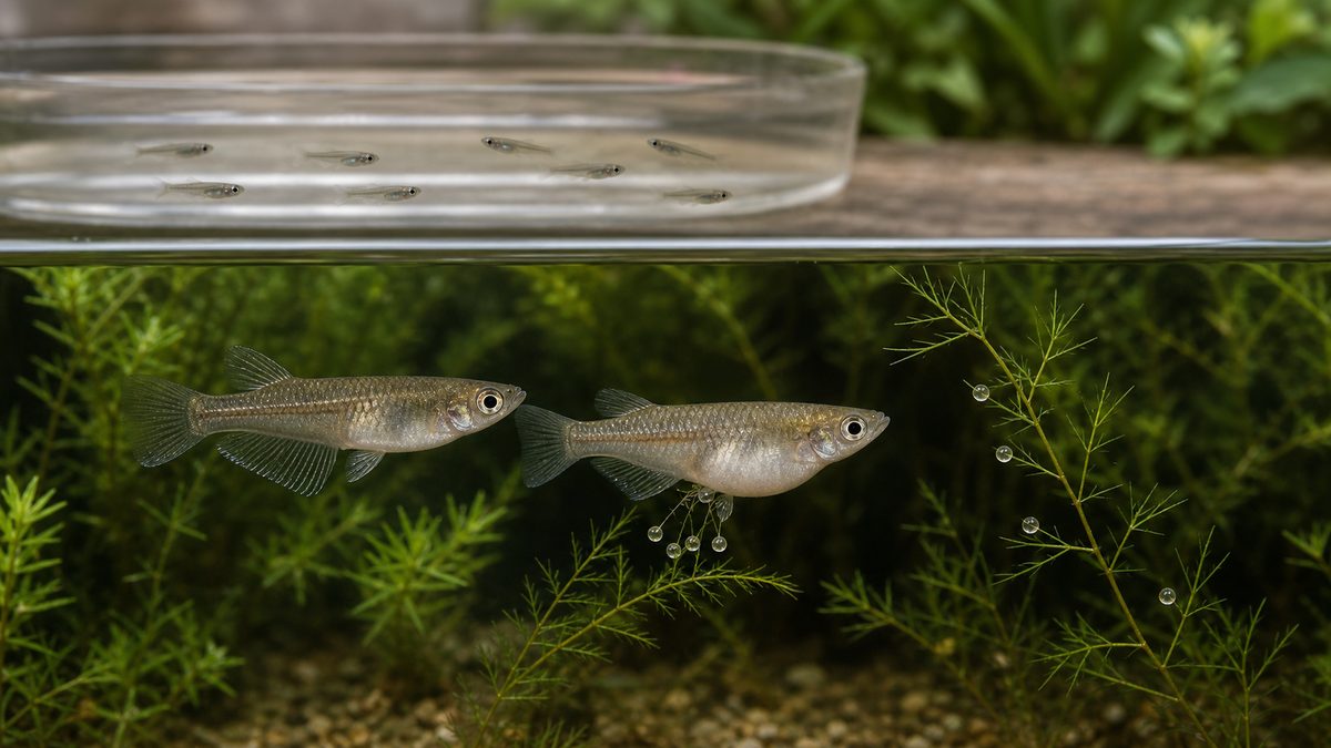 ミナミメダカの雌雄と水草に付着した卵と別容器の針子