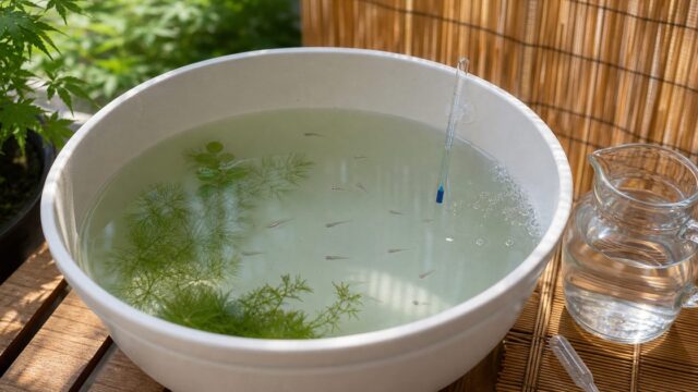 すだれで半日陰を作った深型容器で夏のメダカの針子を育てる安全な飼育環境