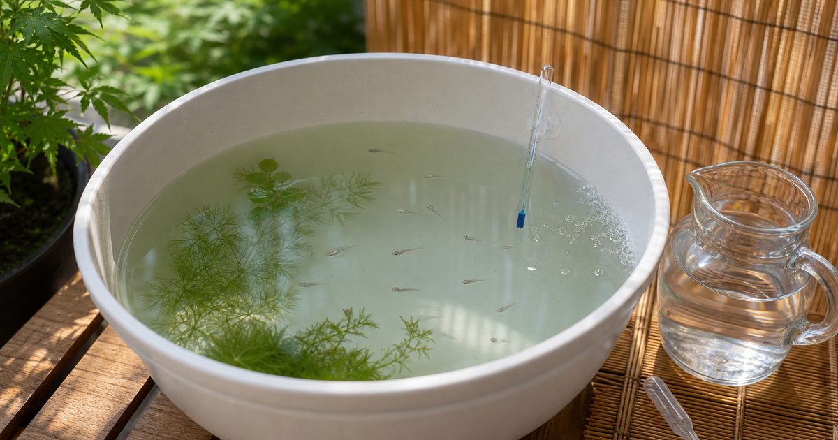 すだれで半日陰を作った深型容器で夏のメダカの針子を育てる安全な飼育環境