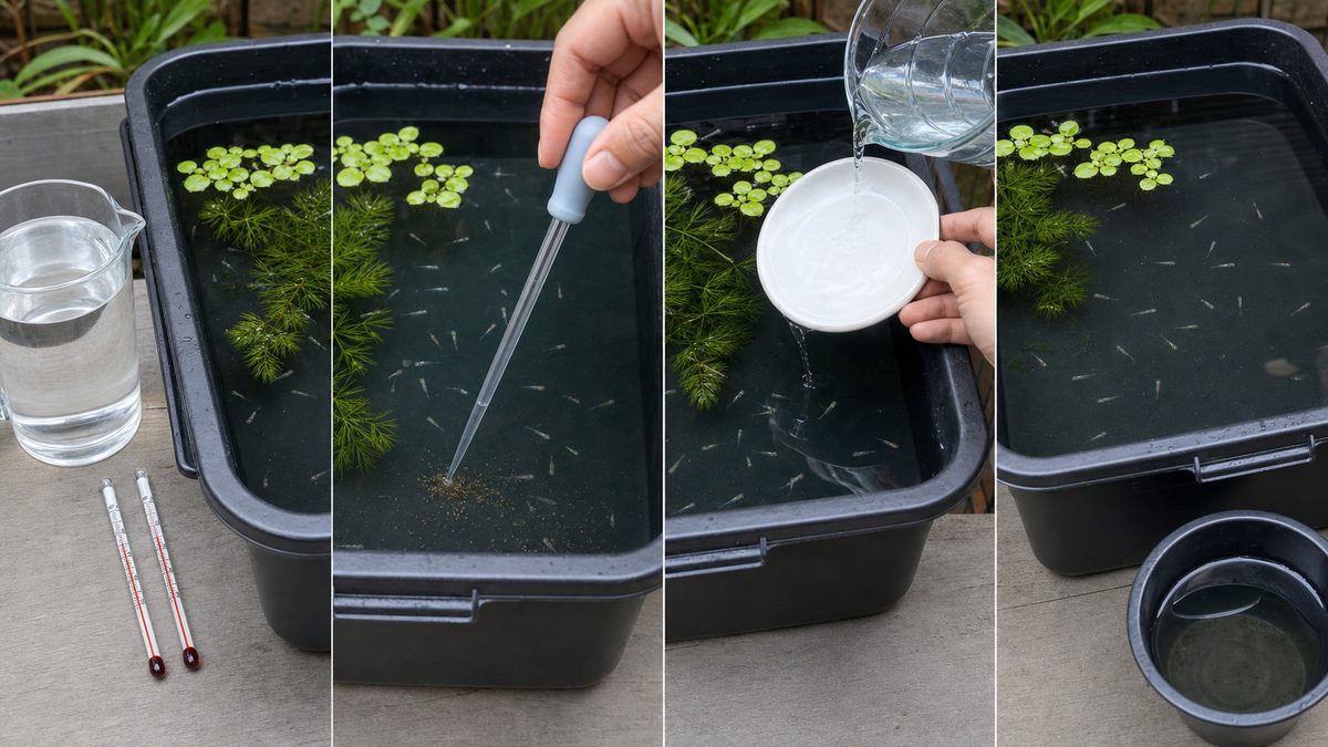 水温を合わせた足し水、スポイト掃除、受け皿へのゆっくり注水を示す針子の水換え