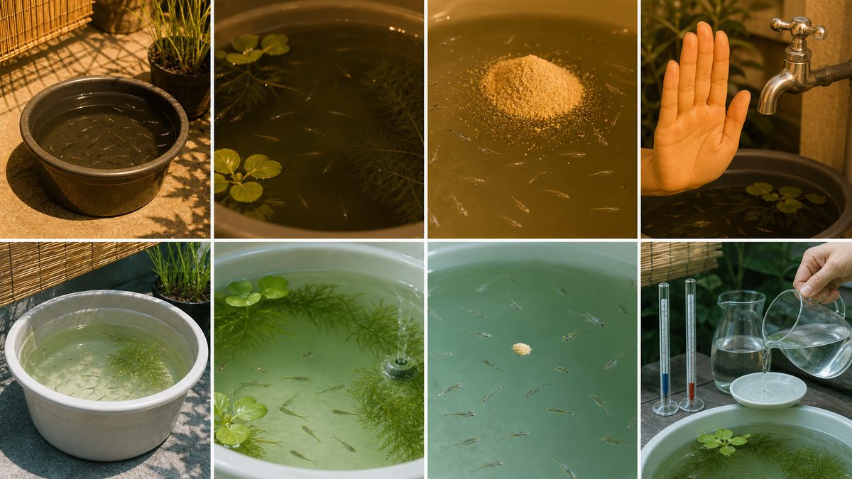 直射日光・濃い青水・餌の与えすぎ・冷たい水道水を安全な方法へ直す比較