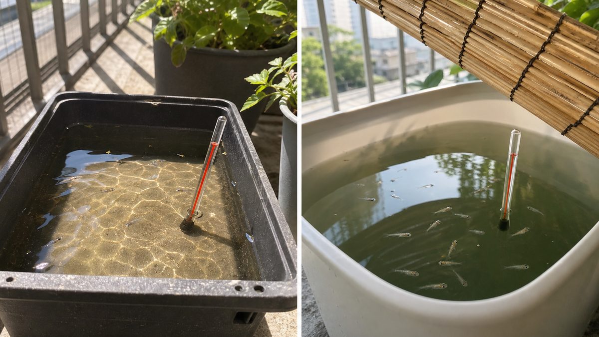 直射日光が当たる黒い小容器と、すだれで遮光した深型容器の水温対策比較