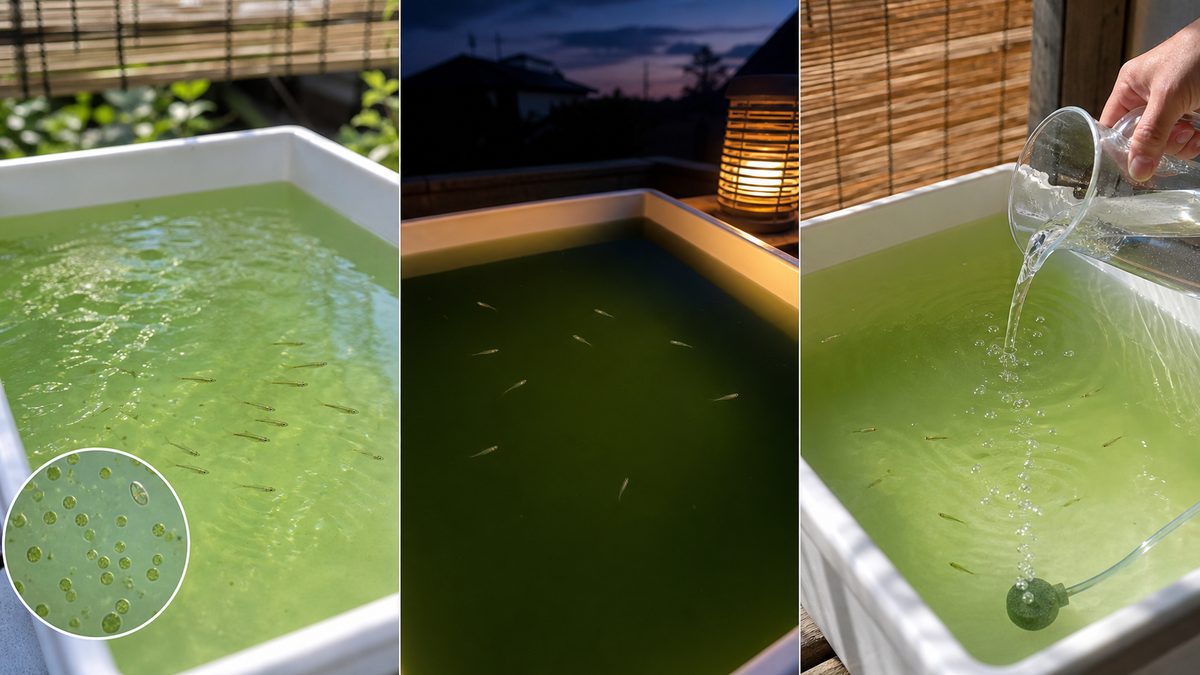 薄い青水の天然餌、濃い青水の夜間リスク、希釈と弱いエアの対策
