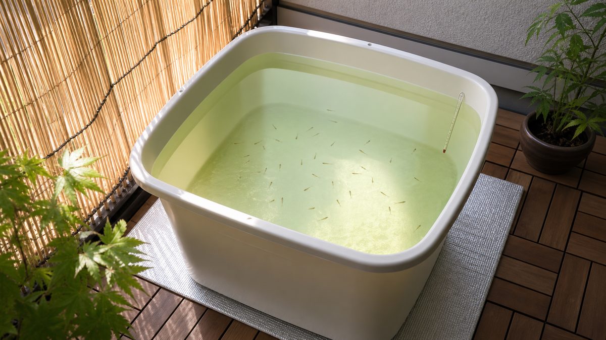 すだれの半日陰に置いた断熱マット上の深型大容量針子容器