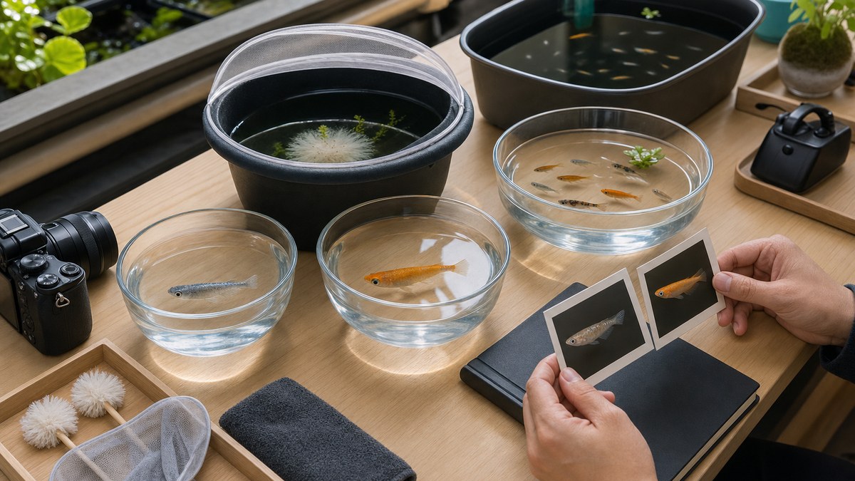 別容器の親メダカから卵・稚魚・体色の異なる若魚へ世代を追って観察する飼育台