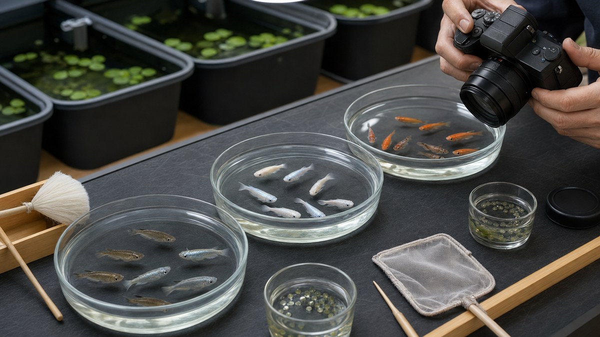 野生色・青灰色・白色・銀青色・橙色の若いメダカを系統別の観察皿で比較する様子
