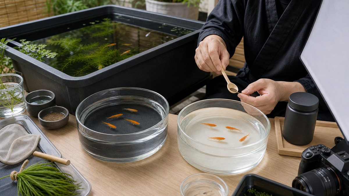同じ橙色系統のメダカを暗色と明色の観察背景で見比べ適量の餌を準備する飼育台