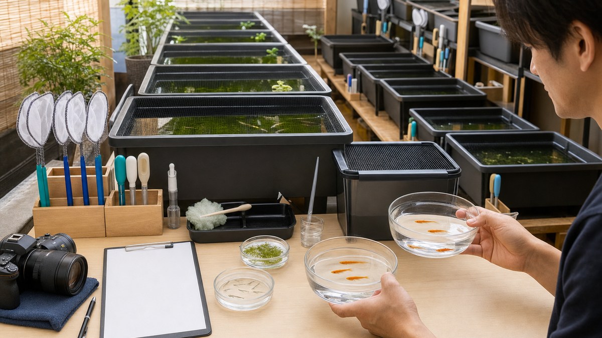 系統別のふた付き容器と専用網を分け同品種の別系統メダカを別皿で観察する飼育室
