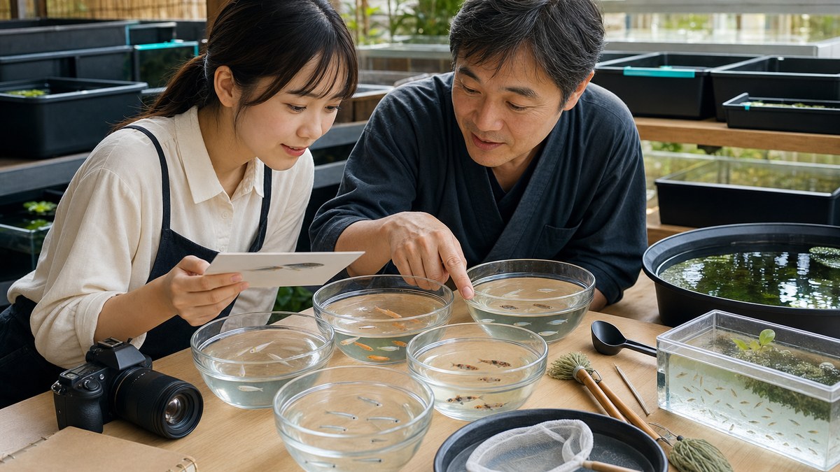 野生色・白・橙・銀青・三色メダカを別皿で見ながら飼育者同士が品種改良を相談する様子