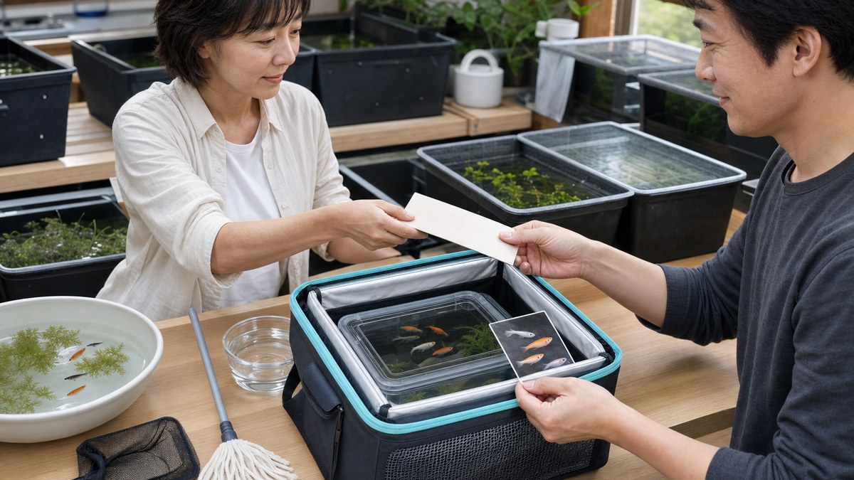屋内の飼育室で健康な改良メダカを密閉容器と保温輸送箱に入れ記録とともに譲渡する準備