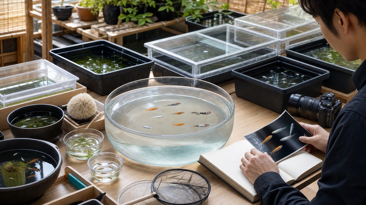 多様な体色のメダカを観察し親魚・卵・稚魚・若魚の別容器と交配記録を見直す飼育者