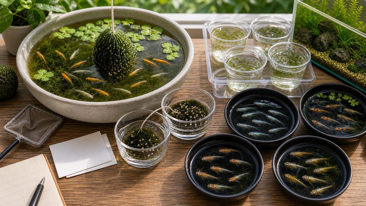 メダカの産卵床・稚魚容器・選別容器を並べた繁殖画像