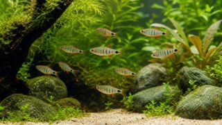 水草水槽で群泳するミクロラスボラ・エリスロミクロンの飼育イメージ