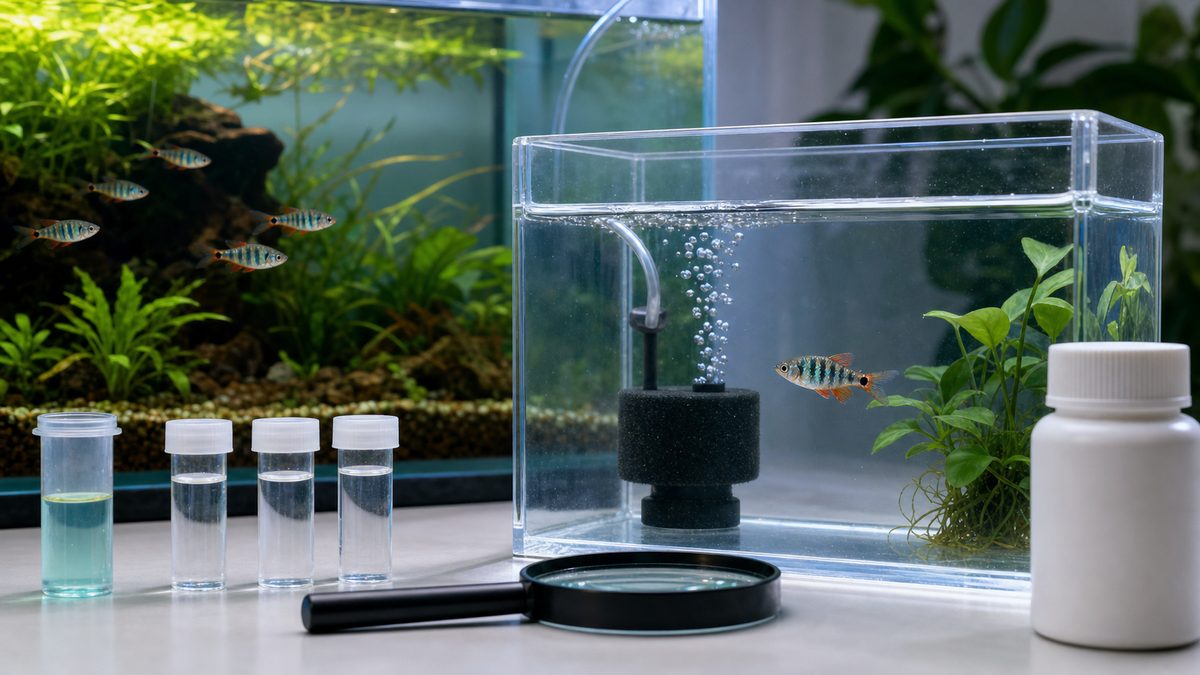 隔離水槽と水質確認でエリスロミクロンの病気に初期対応するイメージ