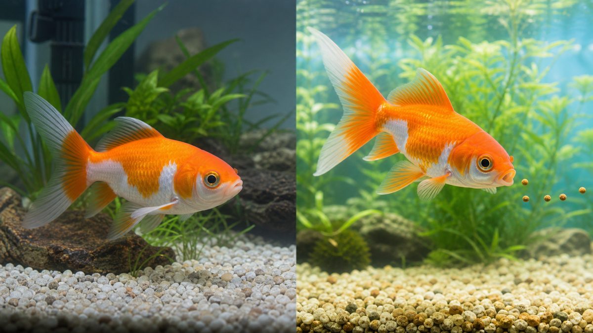 外見がきれいな金魚と元気に泳いで餌を食べる金魚を比較した二場面