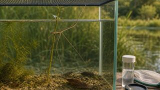 蓋付きの水草水槽で呼吸管を水面へ伸ばすミズカマキリと観察道具