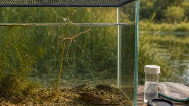 蓋付きの水草水槽で呼吸管を水面へ伸ばすミズカマキリと観察道具