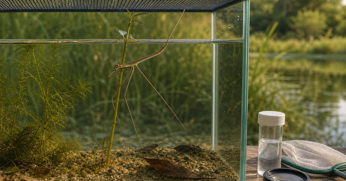 蓋付きの水草水槽で呼吸管を水面へ伸ばすミズカマキリと観察道具