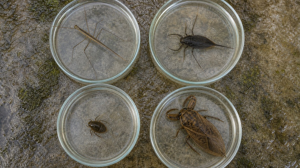 4つの観察皿に分けたミズカマキリとタイコウチとコオイムシとタガメの比較
