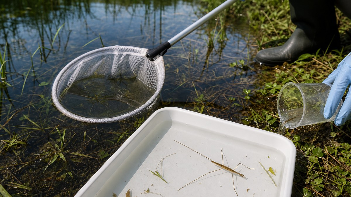 手袋と網と水を張った観察トレイを使い水辺でミズカマキリを確認する様子