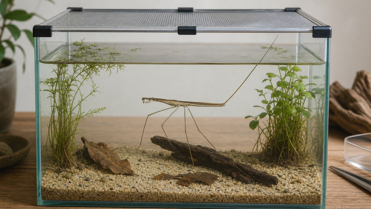 メッシュ蓋と適度な水位と水草を備えたミズカマキリの単独飼育水槽