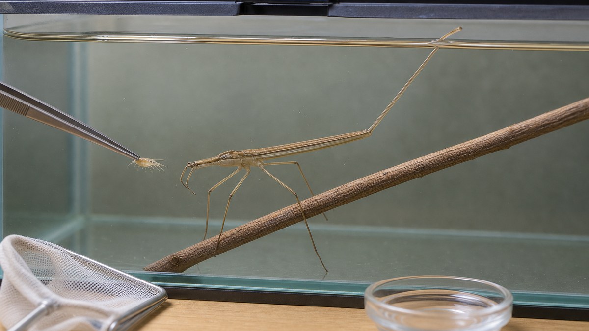 ピンセットで小さな餌を1匹だけ与え回収用ネットを用意したミズカマキリ水槽