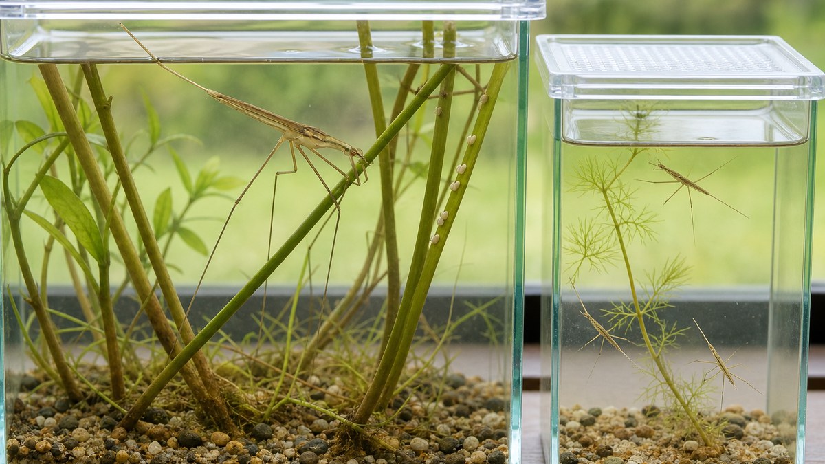 産卵用の茎がある親水槽と3匹の幼虫を守る別の育成水槽