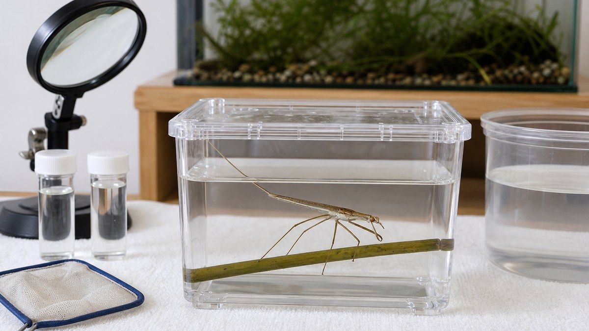 浅い隔離容器でミズカマキリを観察し採水瓶と拡大鏡を用意した作業台