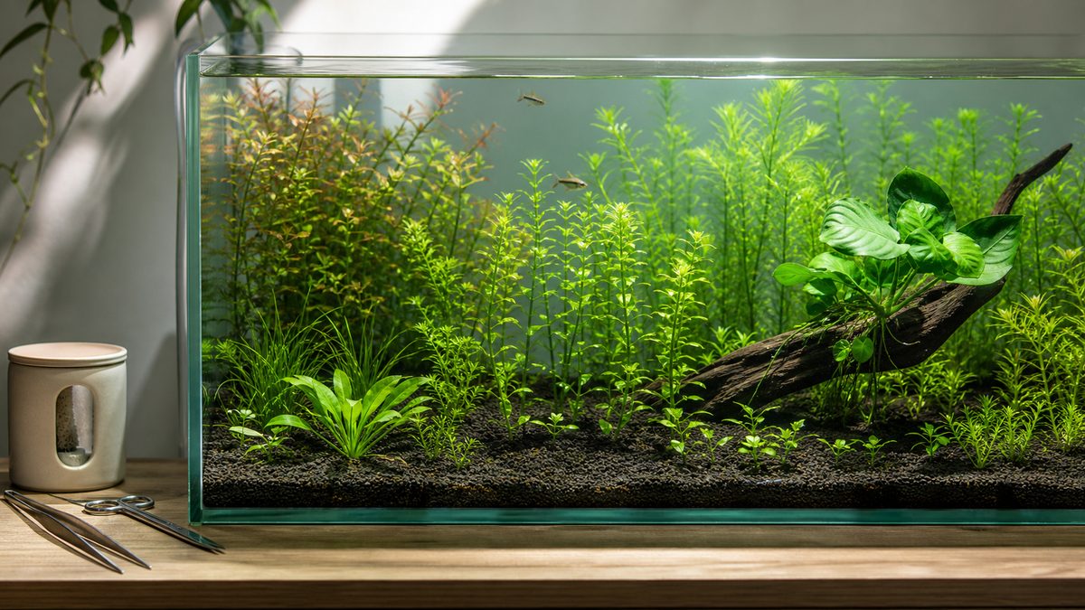 下処理した水草を1本ずつ植えて健康に茂らせた完成水槽