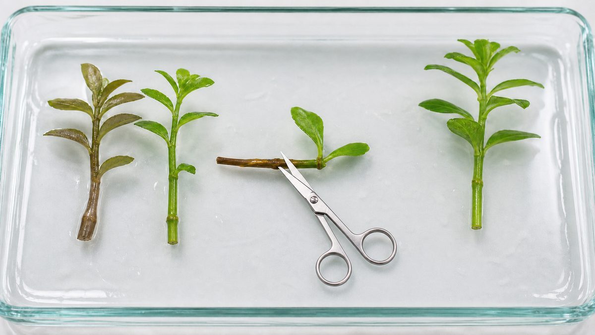 茶色く傷んだ水草の根元を健康な緑の節の上で切る下処理
