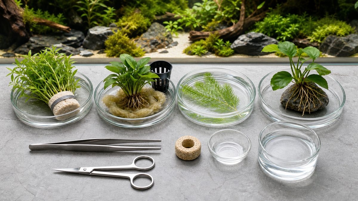 鉛巻き・ポット苗・浮遊性水草・活着系と植栽道具を並べた準備台