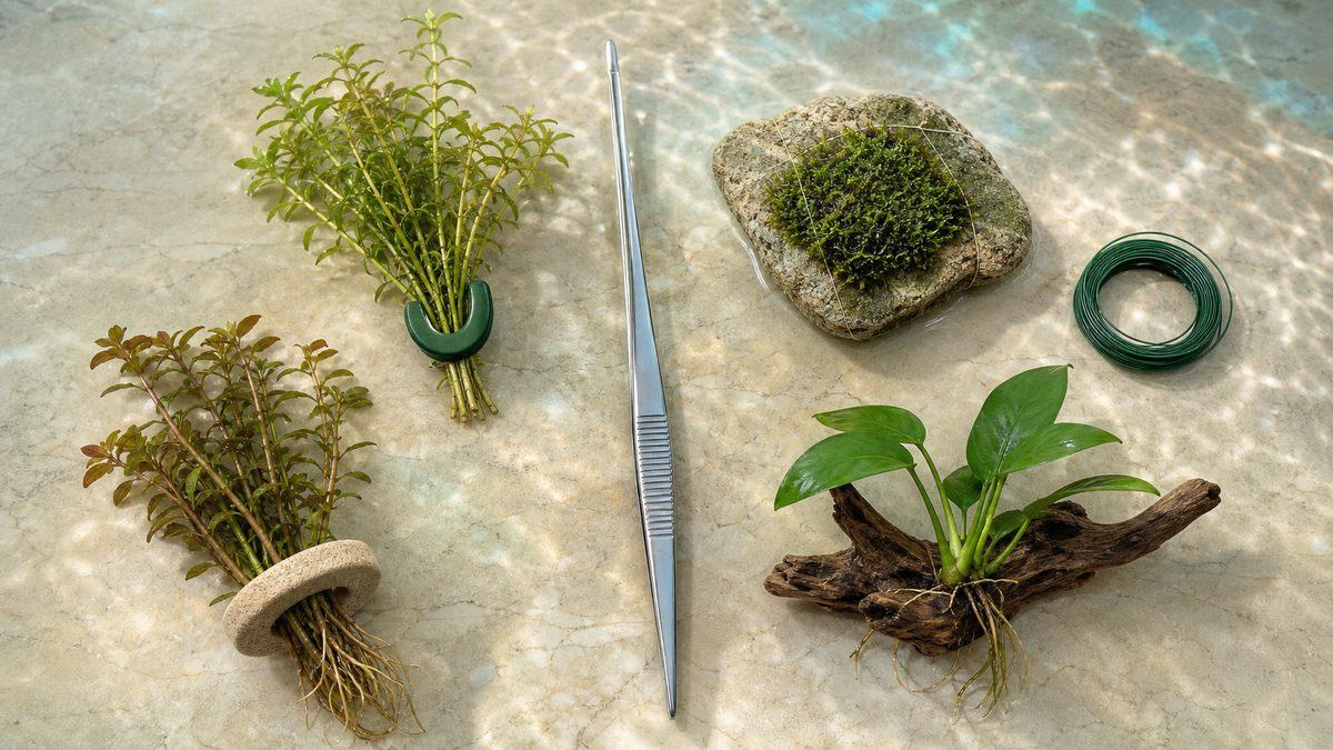 被覆おもり・陶器リング・細い糸・流木で水草を固定する代替方法
