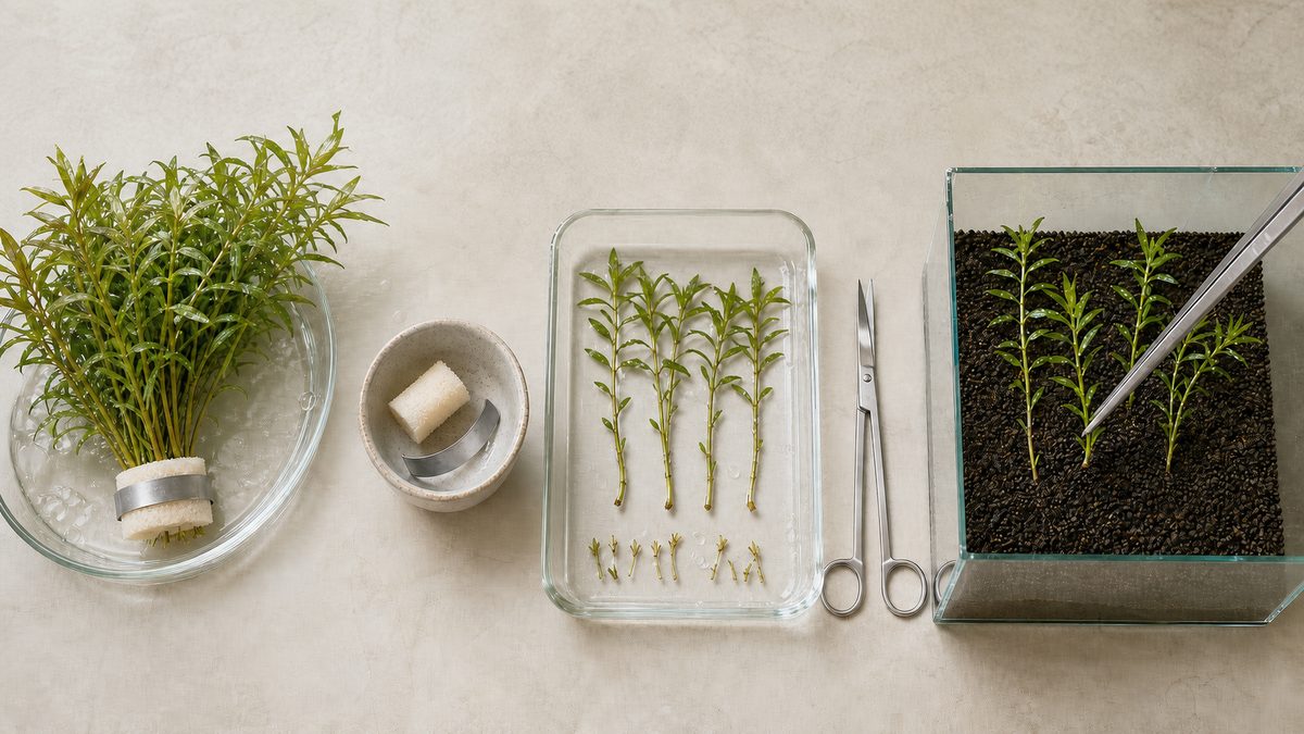 鉛巻きの束をほどいて傷んだ根元を切り水草を1本ずつ植える全工程