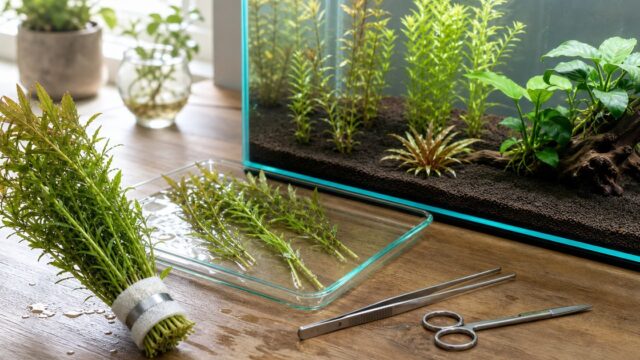鉛巻きの水草を下処理して1本ずつ植えた水槽へ移す準備風景