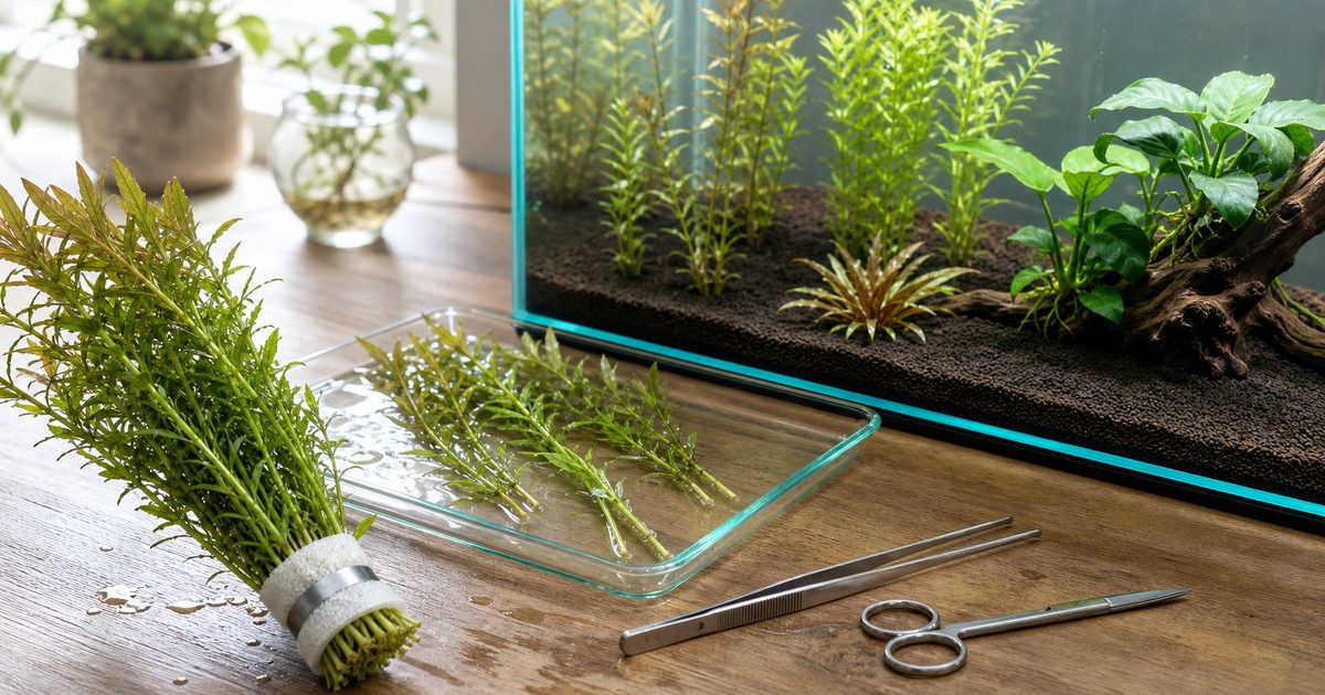 鉛巻きの水草を下処理して1本ずつ植えた水槽へ移す準備風景