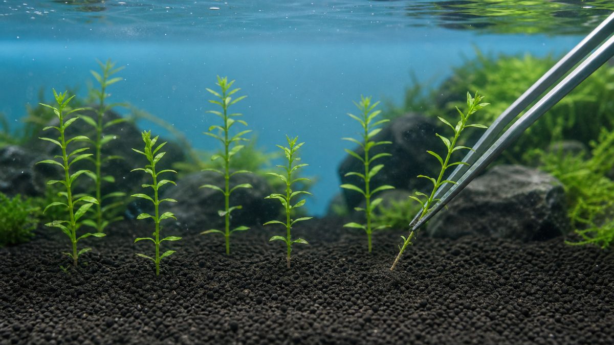 ピンセットで水草の茎を斜めに挿し間隔を空けて植える水槽